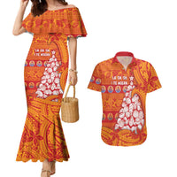 French Polynesia Christmas Couples Matching Mermaid Dress and Hawaiian Shirt Seashell Xmas Tree Tribal Waves - Polynesian Pride