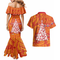 French Polynesia Christmas Couples Matching Mermaid Dress and Hawaiian Shirt Seashell Xmas Tree Tribal Waves - Polynesian Pride