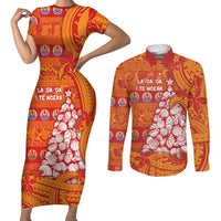 French Polynesia Christmas Couples Matching Short Sleeve Bodycon Dress and Long Sleeve Button Shirt Seashell Xmas Tree Tribal Waves - Polynesian Pride