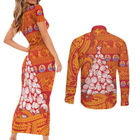 French Polynesia Christmas Couples Matching Short Sleeve Bodycon Dress and Long Sleeve Button Shirt Seashell Xmas Tree Tribal Waves - Polynesian Pride