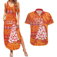 French Polynesia Christmas Couples Matching Summer Maxi Dress and Hawaiian Shirt Seashell Xmas Tree Tribal Waves - Polynesian Pride