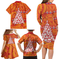 French Polynesia Christmas Family Matching Long Sleeve Bodycon Dress and Hawaiian Shirt Seashell Xmas Tree Tribal Waves - Polynesian Pride