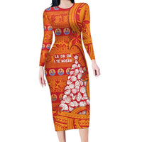 French Polynesia Christmas Family Matching Long Sleeve Bodycon Dress and Hawaiian Shirt Seashell Xmas Tree Tribal Waves - Polynesian Pride