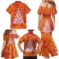 French Polynesia Christmas Family Matching Mermaid Dress and Hawaiian Shirt Seashell Xmas Tree Tribal Waves - Polynesian Pride