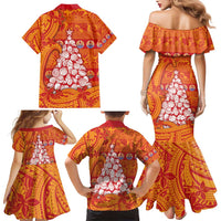 French Polynesia Christmas Family Matching Mermaid Dress and Hawaiian Shirt Seashell Xmas Tree Tribal Waves - Polynesian Pride