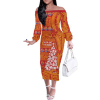French Polynesia Christmas Family Matching Off The Shoulder Long Sleeve Dress and Hawaiian Shirt Seashell Xmas Tree Tribal Waves - Polynesian Pride