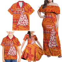 French Polynesia Christmas Family Matching Off Shoulder Maxi Dress and Hawaiian Shirt Seashell Xmas Tree Tribal Waves - Polynesian Pride