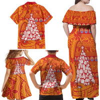 French Polynesia Christmas Family Matching Off Shoulder Maxi Dress and Hawaiian Shirt Seashell Xmas Tree Tribal Waves - Polynesian Pride
