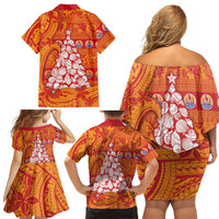 French Polynesia Christmas Family Matching Off Shoulder Short Dress and Hawaiian Shirt Seashell Xmas Tree Tribal Waves - Polynesian Pride