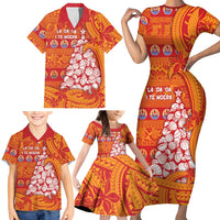 French Polynesia Christmas Family Matching Short Sleeve Bodycon Dress and Hawaiian Shirt Seashell Xmas Tree Tribal Waves - Polynesian Pride