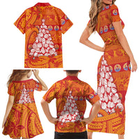 French Polynesia Christmas Family Matching Short Sleeve Bodycon Dress and Hawaiian Shirt Seashell Xmas Tree Tribal Waves - Polynesian Pride