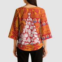 French Polynesia Christmas Kimono Sleeve Blouse Seashell Xmas Tree Tribal Waves - Polynesian Pride