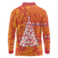 French Polynesia Christmas Long Sleeve Polo Shirt Seashell Xmas Tree Tribal Waves - Polynesian Pride