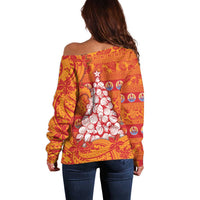 French Polynesia Christmas Off Shoulder Sweater Seashell Xmas Tree Tribal Waves - Polynesian Pride