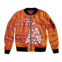 French Polynesia Christmas Sleeve Zip Bomber Jacket Seashell Xmas Tree Tribal Waves - Polynesian Pride