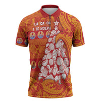 French Polynesia Christmas Zipper Polo Shirt Seashell Xmas Tree Tribal Waves - Polynesian Pride