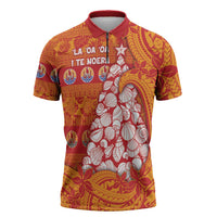 French Polynesia Christmas Zipper Polo Shirt Seashell Xmas Tree Tribal Waves - Polynesian Pride