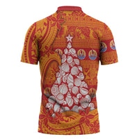 French Polynesia Christmas Zipper Polo Shirt Seashell Xmas Tree Tribal Waves - Polynesian Pride