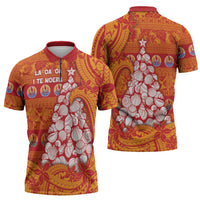 French Polynesia Christmas Zipper Polo Shirt Seashell Xmas Tree Tribal Waves - Polynesian Pride
