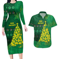 Cook Islands Christmas Couples Matching Long Sleeve Bodycon Dress and Hawaiian Shirt Seashell Xmas Tree Tribal Waves DT05 Green - Polynesian Pride