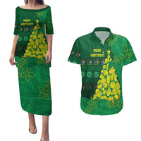 Cook Islands Christmas Couples Matching Puletasi and Hawaiian Shirt Seashell Xmas Tree Tribal Waves DT05 Green - Polynesian Pride