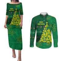Cook Islands Christmas Couples Matching Puletasi and Long Sleeve Button Shirt Seashell Xmas Tree Tribal Waves - Polynesian Pride
