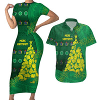 Cook Islands Christmas Couples Matching Short Sleeve Bodycon Dress and Hawaiian Shirt Seashell Xmas Tree Tribal Waves - Polynesian Pride