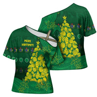 Cook Islands Christmas Cross Shoulder Shirt Seashell Xmas Tree Tribal Waves - Polynesian Pride