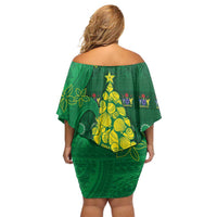 Cook Islands Christmas Family Matching Off Shoulder Short Dress and Hawaiian Shirt Seashell Xmas Tree Tribal Waves - Polynesian Pride