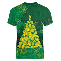 Cook Islands Christmas Women V-Neck T-Shirt Seashell Xmas Tree Tribal Waves DT05 - Polynesian Pride