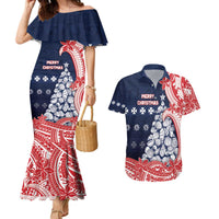 Wallis And Futuna Christmas Couples Matching Mermaid Dress and Hawaiian Shirt Seashell Xmas Tree Tribal Waves DT05 Navy - Polynesian Pride