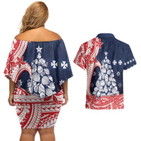 Wallis And Futuna Christmas Couples Matching Off Shoulder Short Dress and Hawaiian Shirt Seashell Xmas Tree Tribal Waves - Polynesian Pride