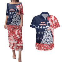 Wallis And Futuna Christmas Couples Matching Puletasi and Hawaiian Shirt Seashell Xmas Tree Tribal Waves - Polynesian Pride