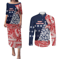 Wallis And Futuna Christmas Couples Matching Puletasi and Long Sleeve Button Shirt Seashell Xmas Tree Tribal Waves DT05 Navy - Polynesian Pride