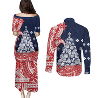 Wallis And Futuna Christmas Couples Matching Puletasi and Long Sleeve Button Shirt Seashell Xmas Tree Tribal Waves DT05 - Polynesian Pride