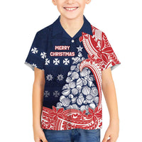 Wallis And Futuna Christmas Family Matching Mermaid Dress and Hawaiian Shirt Seashell Xmas Tree Tribal Waves DT05 Son's Shirt Navy - Polynesian Pride