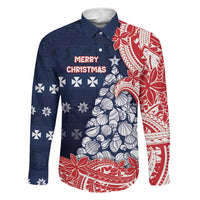 Wallis And Futuna Christmas Family Matching Summer Maxi Dress and Hawaiian Shirt Seashell Xmas Tree Tribal Waves DT05 Dad's Shirt - Long Sleeve Navy - Polynesian Pride