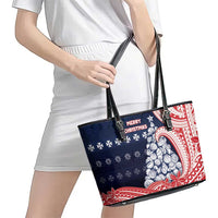 Wallis And Futuna Christmas Leather Tote Bag Seashell Xmas Tree Tribal Waves - Polynesian Pride