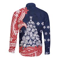 Wallis And Futuna Christmas Long Sleeve Button Shirt Seashell Xmas Tree Tribal Waves - Polynesian Pride