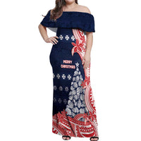 Wallis And Futuna Christmas Off Shoulder Maxi Dress Seashell Xmas Tree Tribal Waves - Polynesian Pride