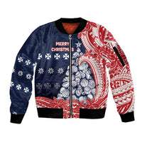 Wallis And Futuna Christmas Sleeve Zip Bomber Jacket Seashell Xmas Tree Tribal Waves - Polynesian Pride