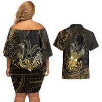 Niue Christmas Couples Matching Off Shoulder Short Dress and Hawaiian Shirt Niuean Crab Xmas Tribal Waves - Polynesian Pride