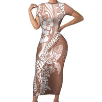 Hawaii Puakenikeni And Maile Lei Short Sleeve Bodycon Dress Brown Polynesian Shark Tattoo DT05