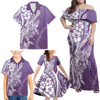 Hawaii Puakenikeni And Maile Lei Family Matching Off Shoulder Maxi Dress and Hawaiian Shirt Violet Polynesian Shark Tattoo DT05