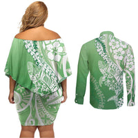 Hawaii Puakenikeni And Maile Lei Couples Matching Off Shoulder Short Dress and Long Sleeve Button Shirt Green Polynesian Shark Tattoo DT05