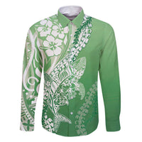 Hawaii Puakenikeni And Maile Lei Family Matching Mermaid Dress and Hawaiian Shirt Green Polynesian Shark Tattoo DT05 Dad's Shirt - Long Sleeve Green - Polynesian Pride