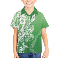 Hawaii Puakenikeni And Maile Lei Family Matching Short Sleeve Bodycon Dress and Hawaiian Shirt Green Polynesian Shark Tattoo DT05