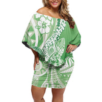 Hawaii Puakenikeni And Maile Lei Off Shoulder Short Dress Green Polynesian Shark Tattoo DT05