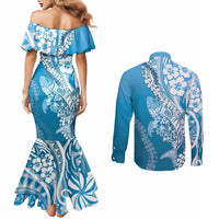Hawaii Puakenikeni And Maile Lei Couples Matching Mermaid Dress and Long Sleeve Button Shirt Blue Polynesian Shark Tattoo DT05