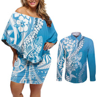 Hawaii Puakenikeni And Maile Lei Couples Matching Off Shoulder Short Dress and Long Sleeve Button Shirt Blue Polynesian Shark Tattoo DT05